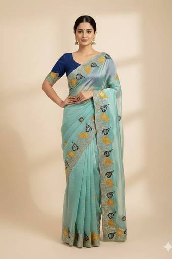 Sky Blue color Sequences and multi thread Saree satin sarees 