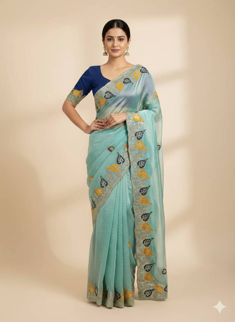 Sky Blue color Sequences and multi thread Saree satin sarees 