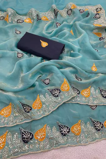 Sky Blue color Sequences and multi thread Saree satin sarees 