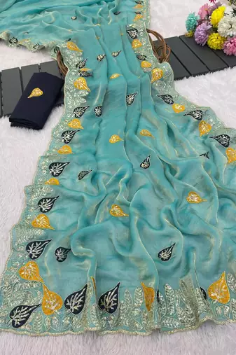 Sky Blue color Sequences and multi thread Saree satin sarees 
