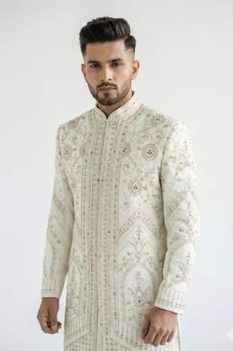 off white raw silk sequin beadwork indo western sherwani