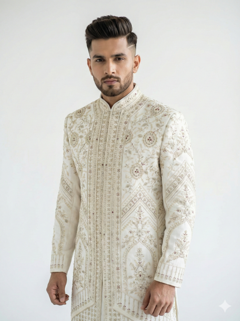 off white raw silk sequin beadwork indo western sherwani