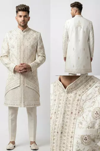 off white raw silk sequin beadwork indo western sherwani