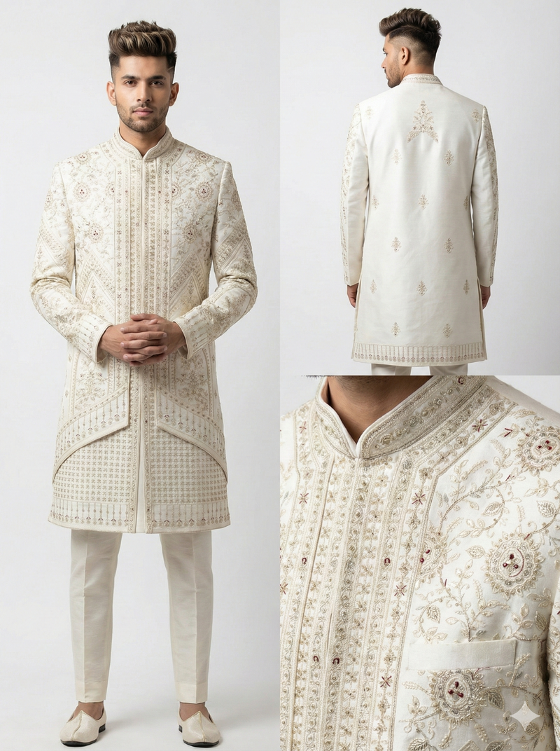 off white raw silk sequin beadwork indo western sherwani