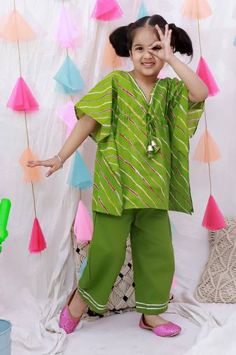 Pure cotton lehriya kaftan & plazao set for girls  green