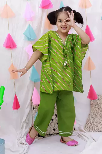 Pure cotton lehriya kaftan & plazao set for girls  green