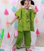 Pure cotton lehriya kaftan & plazao set for girls  green