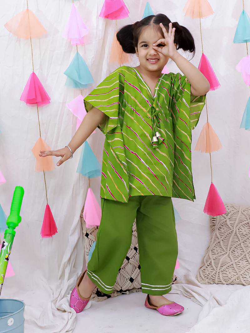 Pure cotton lehriya kaftan & plazao set for girls  green