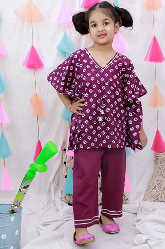Pure cotton badhani kaftan & plazao set for girls  purple