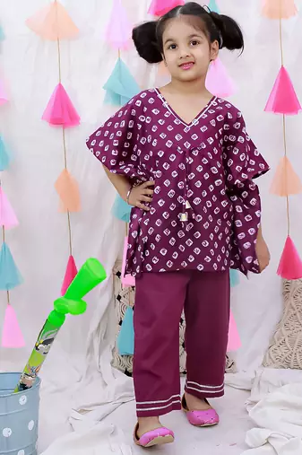 Pure cotton badhani kaftan & plazao set for girls  purple