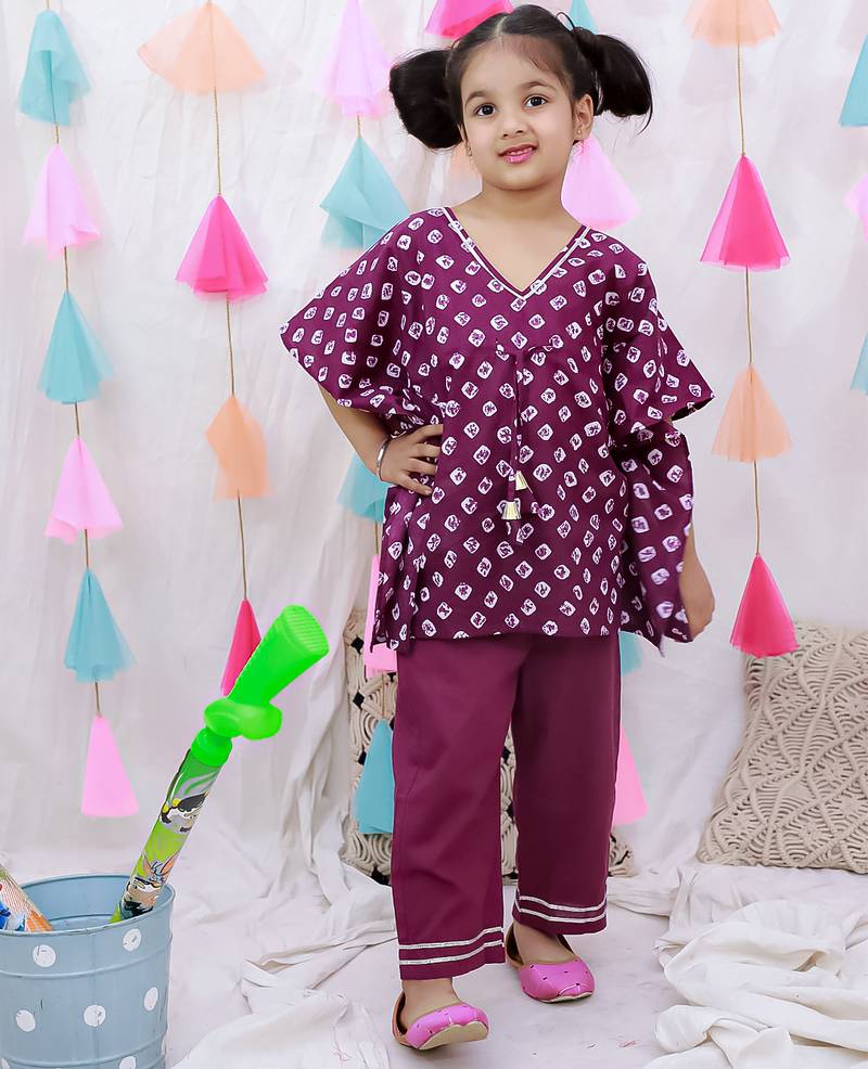 Pure cotton badhani kaftan & plazao set for girls  purple