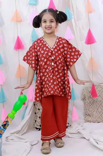 Pure cotton badhani kaftan & plazao set for girls  red