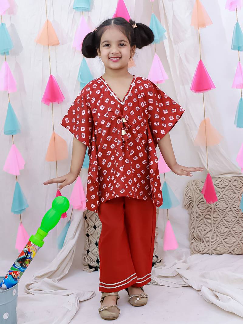 Pure cotton badhani kaftan & plazao set for girls  red
