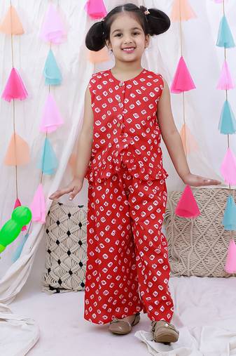 Pure cotton badhni crop top  with plazao set for girls  red
