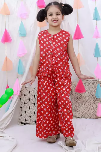 Pure cotton badhni crop top  with plazao set for girls  red