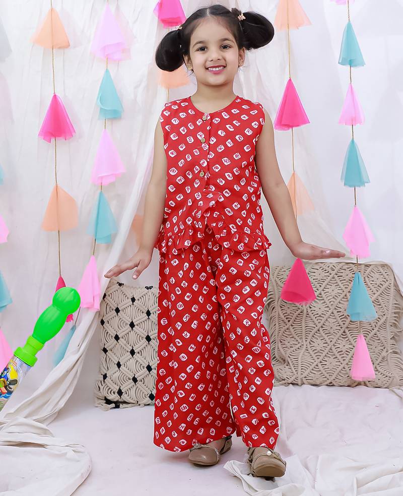 Pure cotton badhni crop top  with plazao set for girls  red