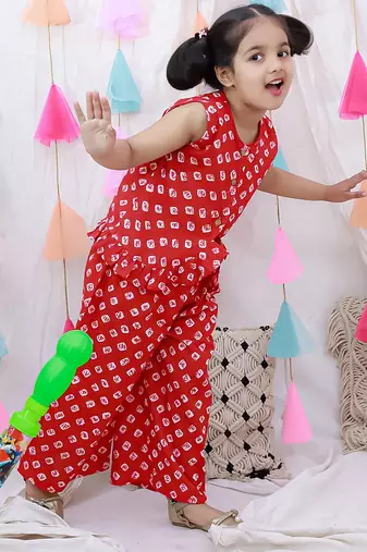 Pure cotton badhni crop top  with plazao set for girls  red