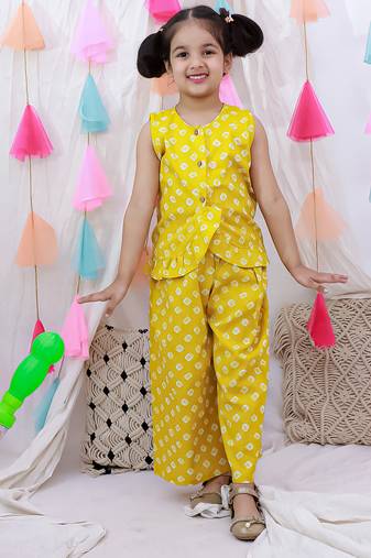 Pure cotton badhni crop top  with plazao set for girls  yellow