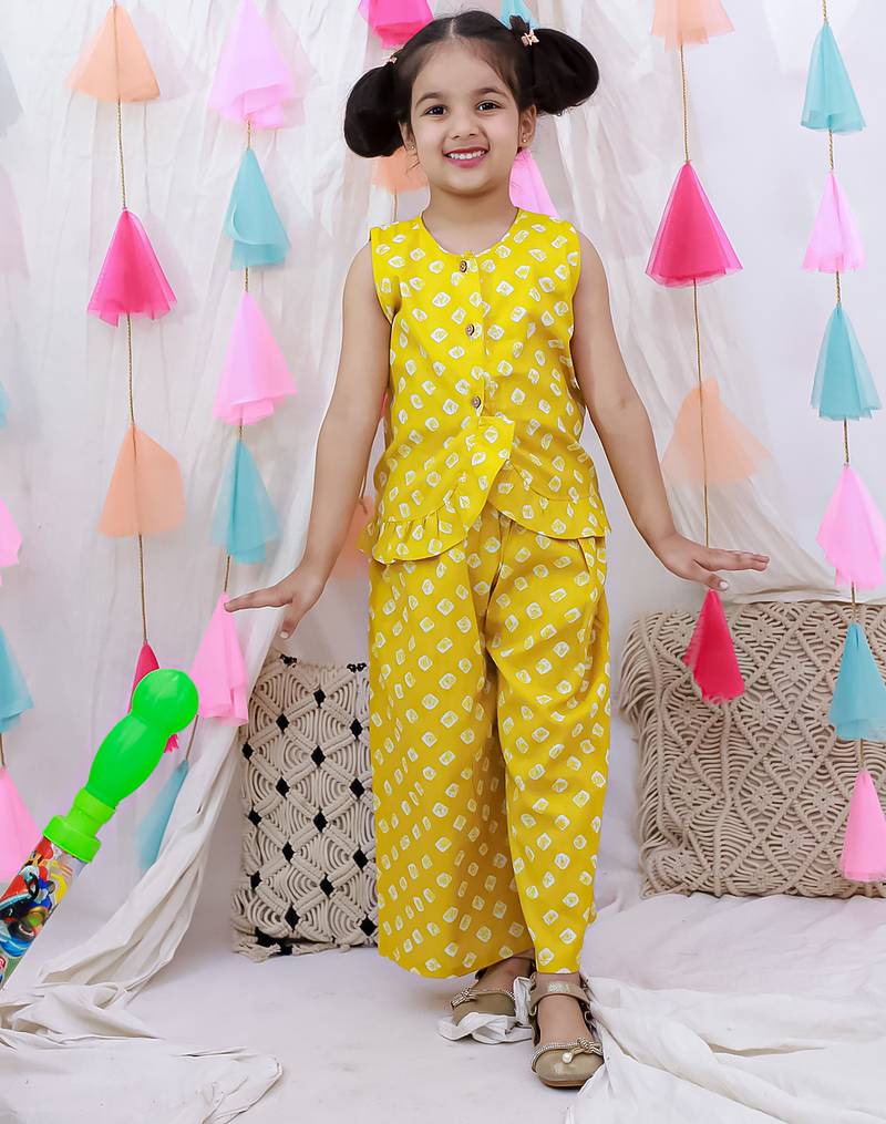 Pure cotton badhni crop top  with plazao set for girls  yellow