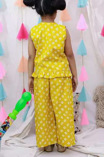 Pure cotton badhni crop top  with plazao set for girls  yellow