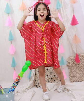 Kaftan style dress with hairband for girls  red 1