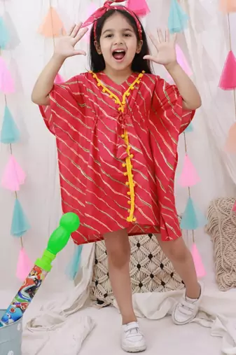 Kaftan style dress with hairband for girls  red