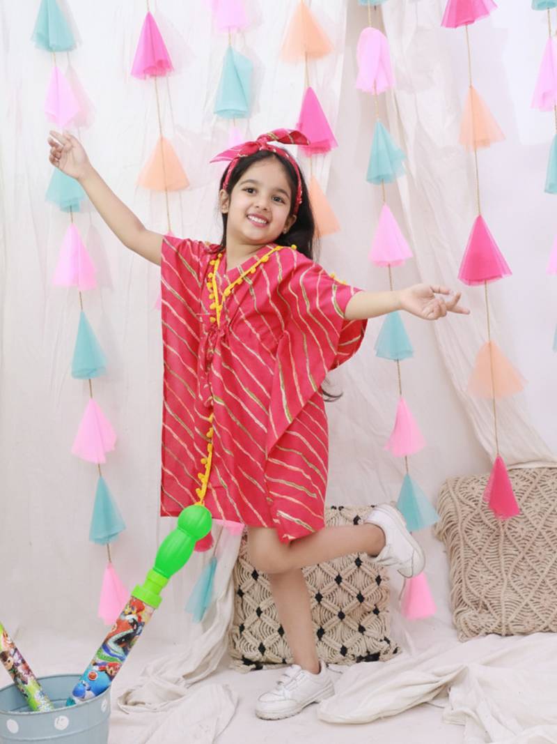 Kaftan style dress with hairband for girls  red