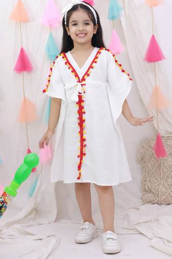 Kaftan style dress with hairband for girls  white
