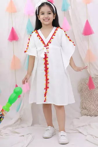 Kaftan style dress with hairband for girls  white