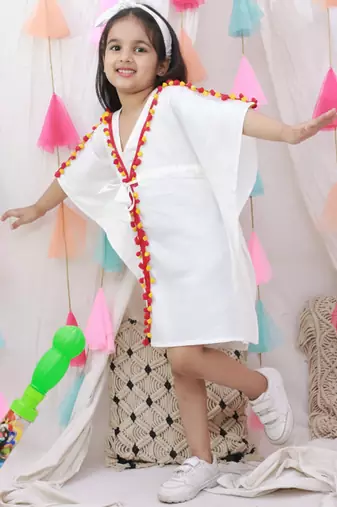 Kaftan style dress with hairband for girls  white