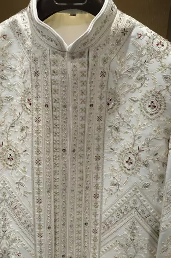 off white raw silk sequin beadwork indo western sherwani