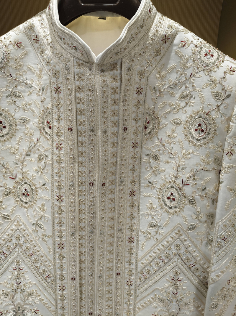 off white raw silk sequin beadwork indo western sherwani