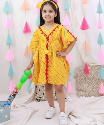 Kaftan style dress with hairband for girls  yellow 1
