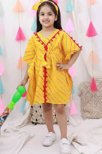 Kaftan style dress with hairband for girls  yellow