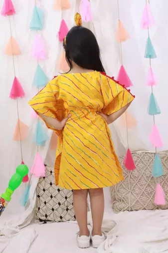 Kaftan style dress with hairband for girls  yellow