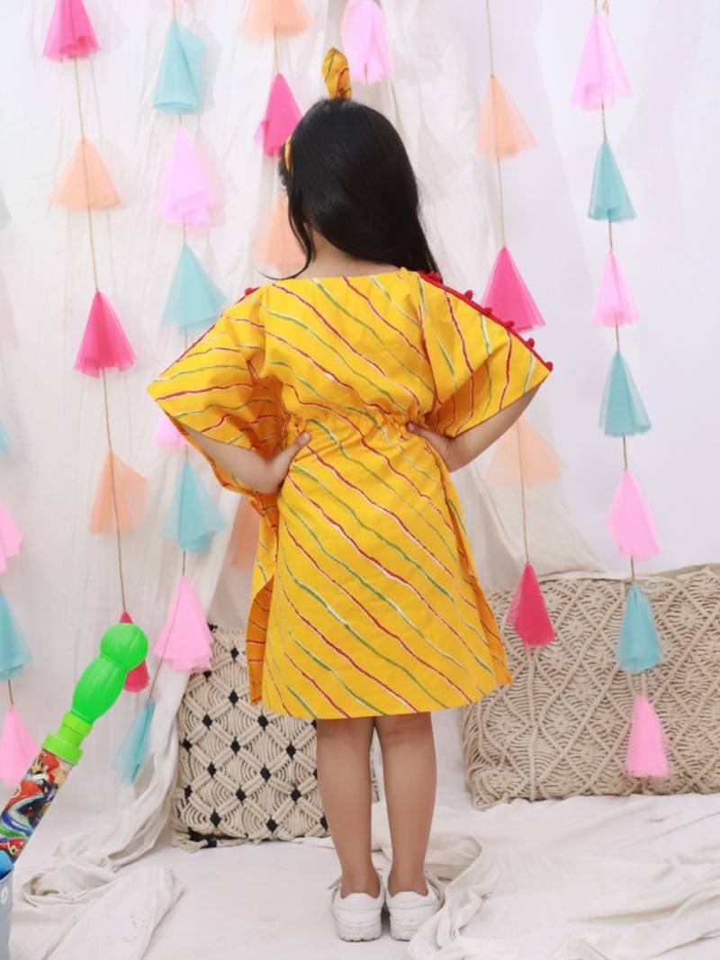 Kaftan style dress with hairband for girls  yellow
