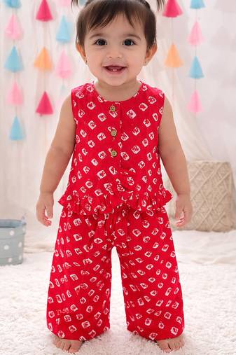 Pure cotton badhni crop top  with palazzo set for infant girls  red
