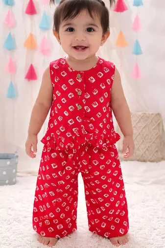 Pure cotton badhni crop top  with palazzo set for infant girls  red