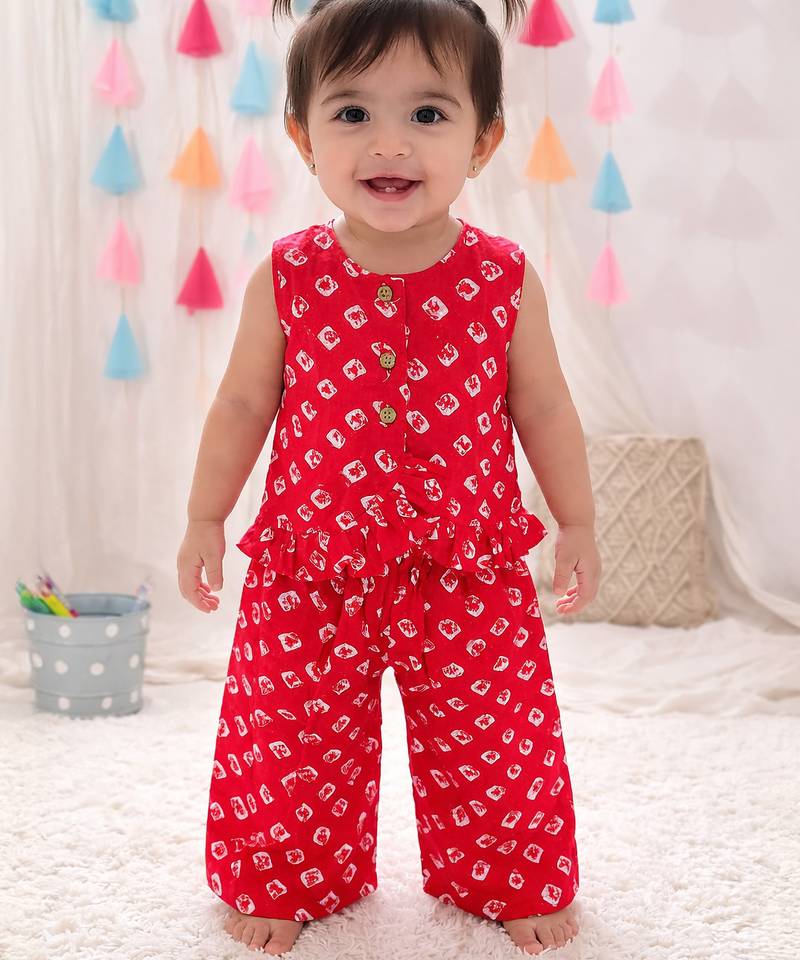 Pure cotton badhni crop top  with palazzo set for infant girls  red