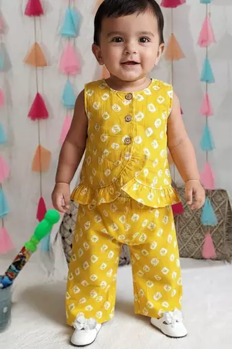 Pure cotton badhni crop top  with palazzo set for infant girls  yellow