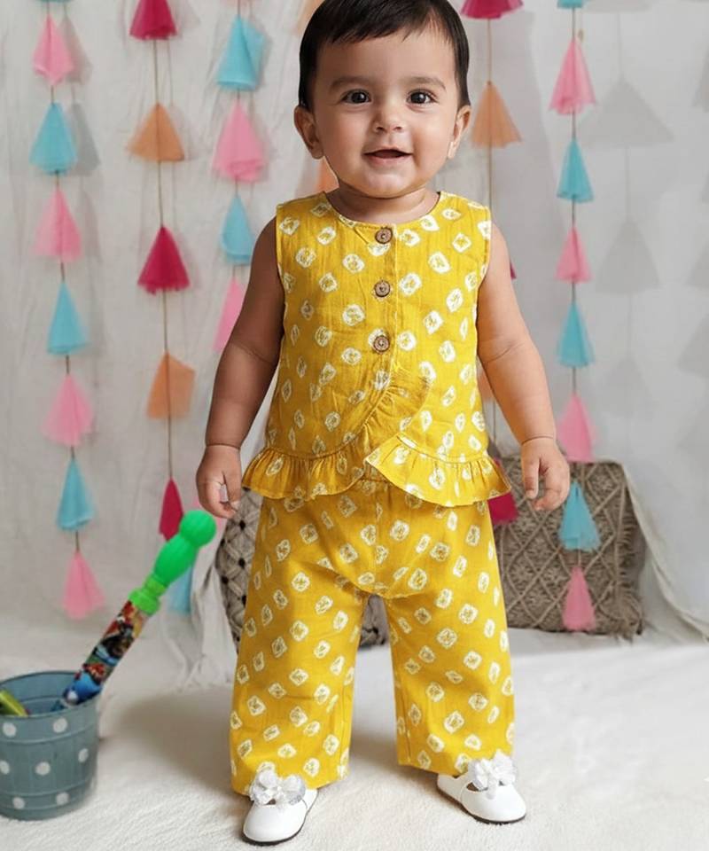 Pure cotton badhni crop top  with palazzo set for infant girls  yellow