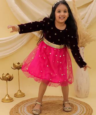 Full sleeves velvet party frock for girls  wine 1