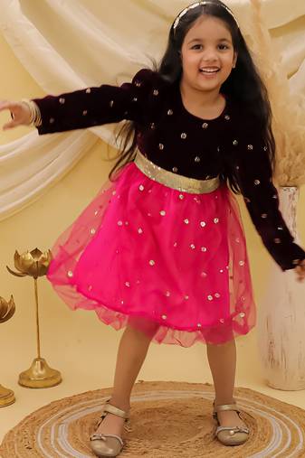 Full sleeves velvet party frock for girls  wine