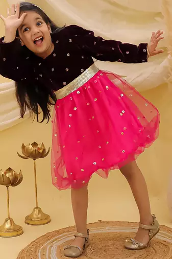 Full sleeves velvet party frock for girls  wine
