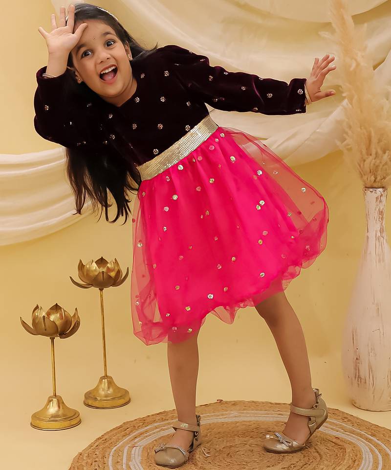 Full sleeves velvet party frock for girls  wine