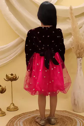 Full sleeves velvet party frock for girls  wine