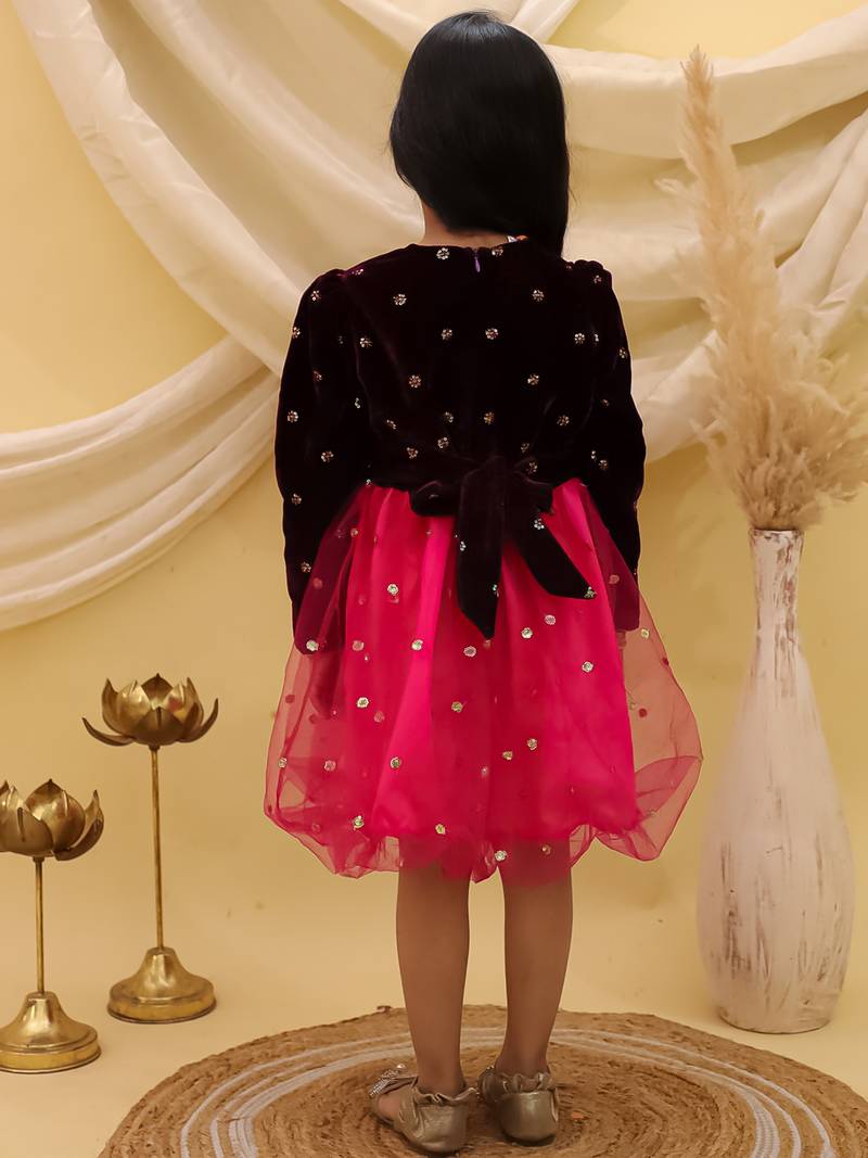 Full sleeves velvet party frock for girls  wine