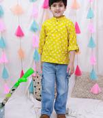 Fullsleeves bandhni short kurta for boys yellow