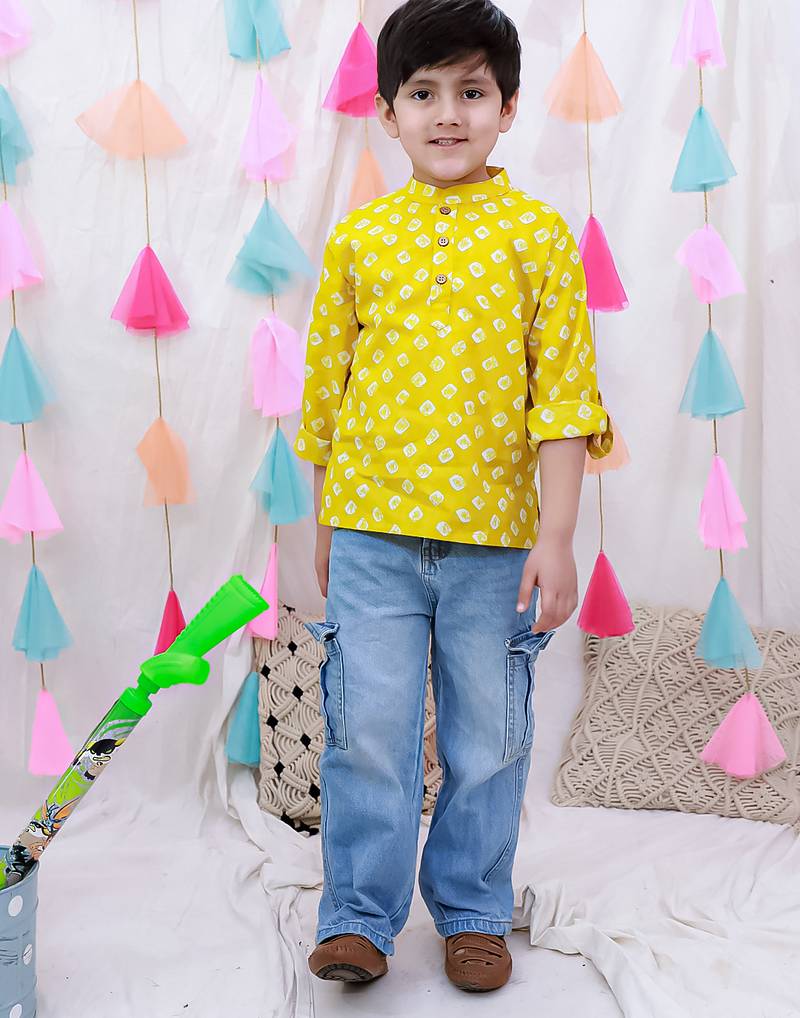 Fullsleeves bandhni short kurta for boys yellow