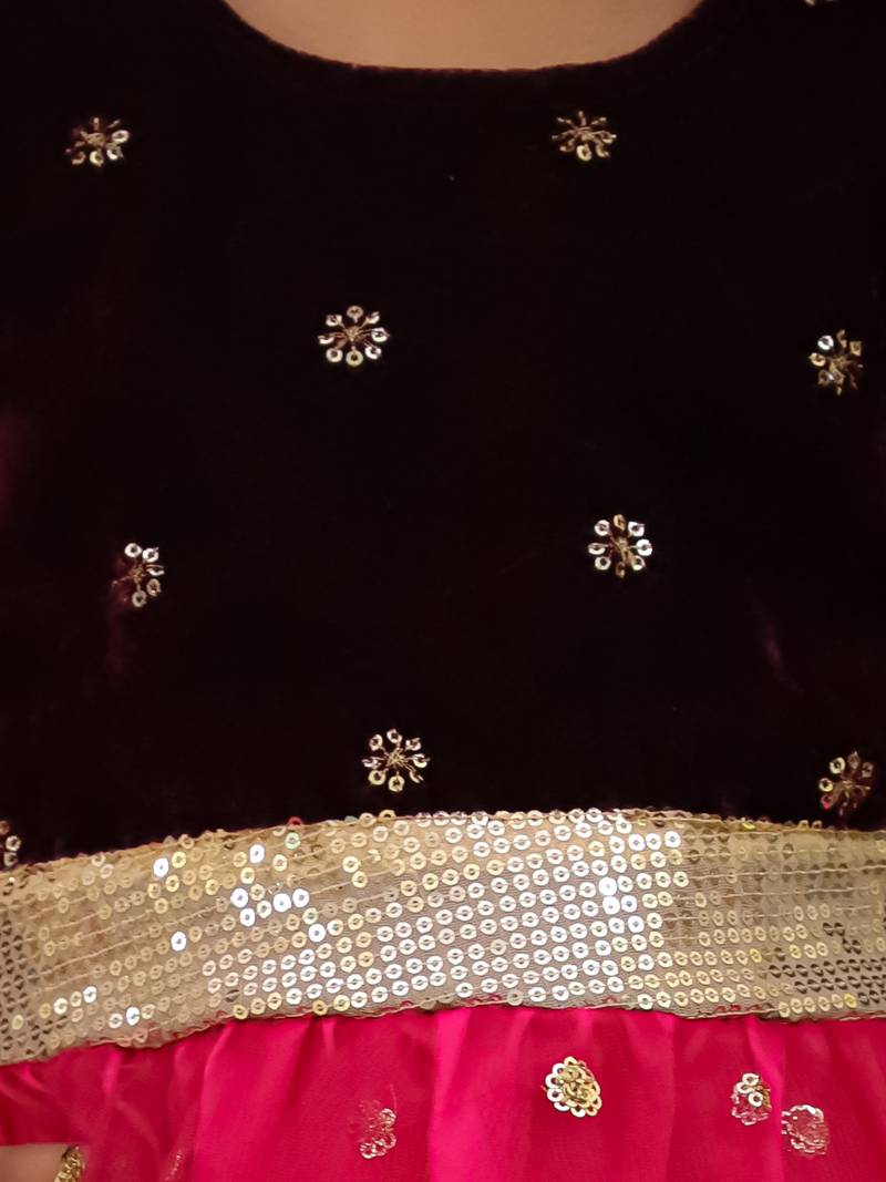 Full sleeves velvet party frock for girls  wine